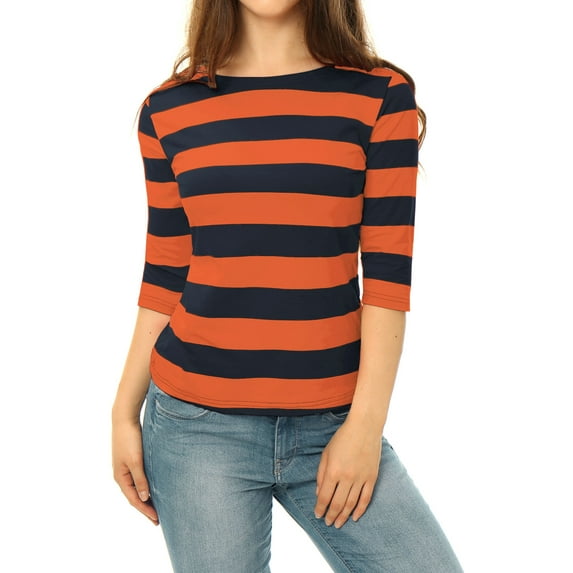 INSPIRE CHIC Women's Striped Shirts Slim Fit Elbow Sleeves Boat Neck T-Shirt M Orange Navy