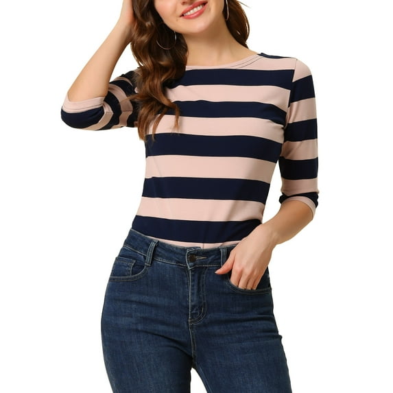 INSPIRE CHIC Women's Striped Shirts Slim Fit Elbow Sleeves Boat Neck T-Shirt M Pink Navy