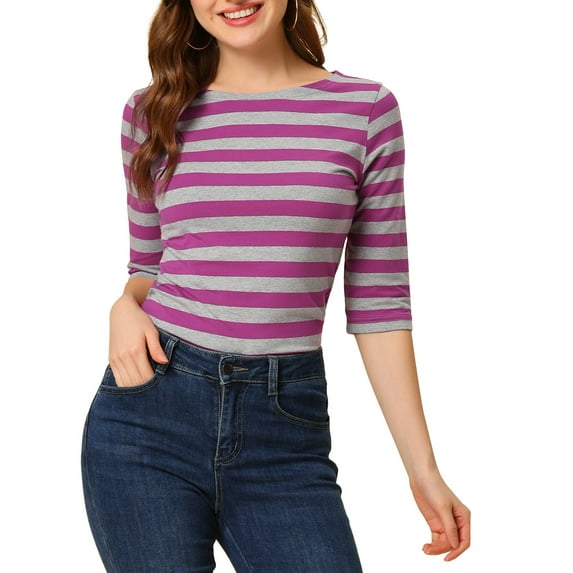 INSPIRE CHIC Women's Striped Shirts Slim Fit Elbow Sleeves Boat Neck T-Shirt M Rose Red