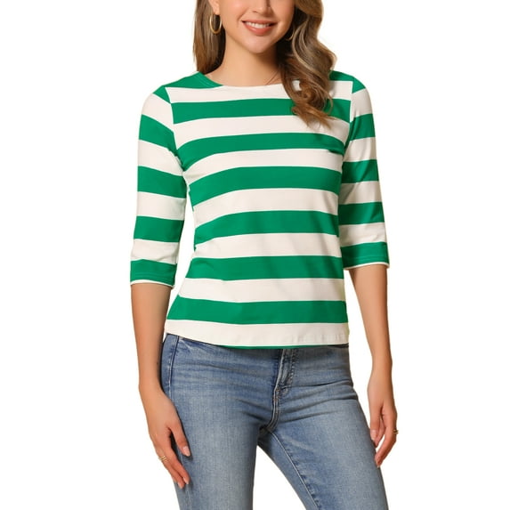 INSPIRE CHIC Women's Striped Shirts Slim Fit Elbow Sleeves Boat Neck T-Shirt S 2