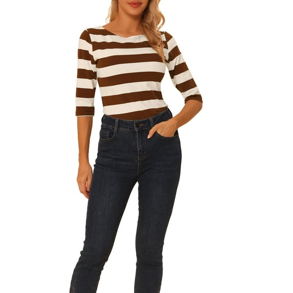 INSPIRE CHIC Women's Striped Shirts Slim Fit Elbow Sleeves Boat Neck T-Shirt S Brown