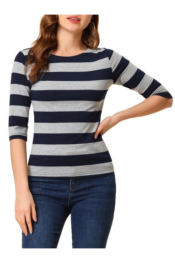 Women's Striped Shirts Slim Fit Elbow Sleeves Boat Neck T-Shirt S Navy Gray