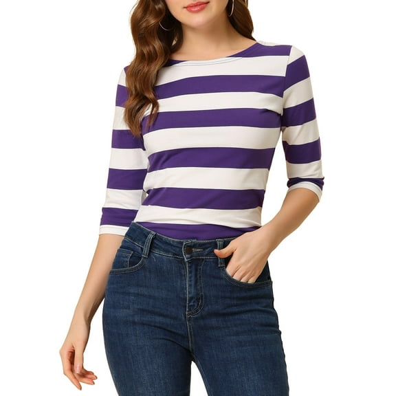 INSPIRE CHIC Women's Striped Shirts Slim Fit Elbow Sleeves Boat Neck T-Shirt S Purple White