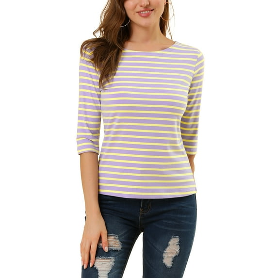 INSPIRE CHIC Women's Striped Shirts Slim Fit Elbow Sleeves Boat Neck T-Shirt S Yellow Purple