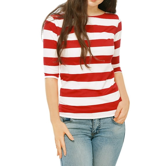 INSPIRE CHIC Women's Striped Shirts Slim Fit Elbow Sleeves Boat Neck T-Shirt XL Red