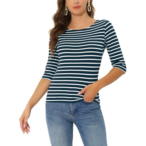 INSPIRE CHIC Women's Striped Shirts Slim Fit Elbow Sleeves Boat Neck T-Shirt XS Dark Blue