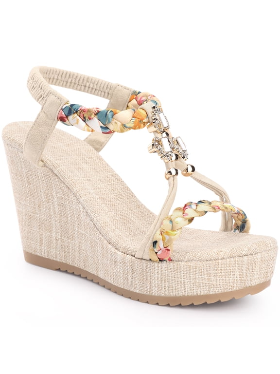 Women's Shoes Slingback Bohemia Rhinestone Open Toe Platform Heel Wedge Sandals Beige 6.5