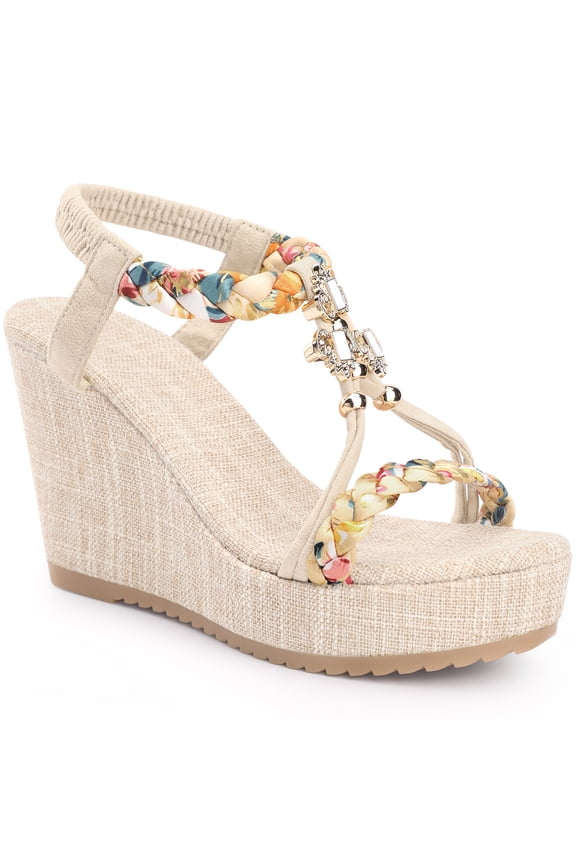 Women's Shoes Slingback Bohemia Rhinestone Open Toe Platform Heel Wedge Sandals Beige 8