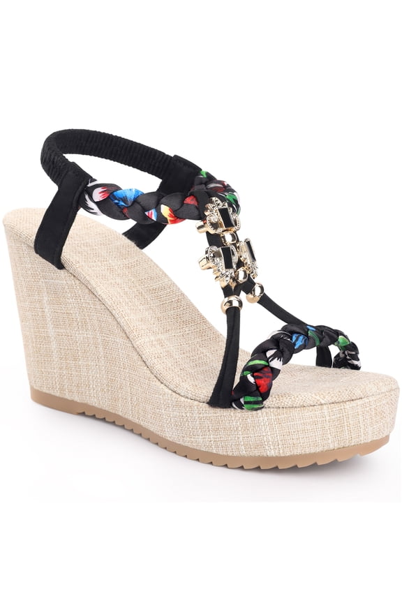Women's Shoes Slingback Bohemia Rhinestone Open Toe Platform Heel Wedge Sandals Black 8