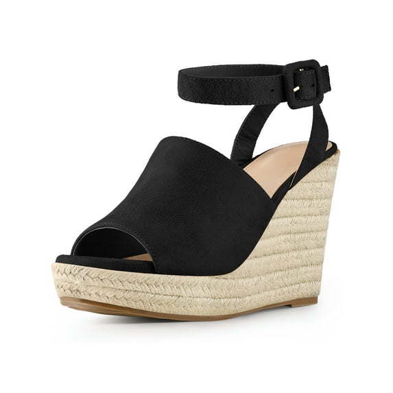 BLISSFUL STEP Women's Slingback Open Toe Buckle Espadrille Wedge Heel Sandals Black 7