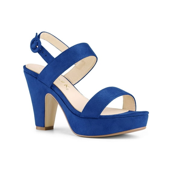 BLISSFUL STEP Mother's Day Women's Platform Heels Chunky Heel Slingback Open Toe Sandals Deep Blue 7