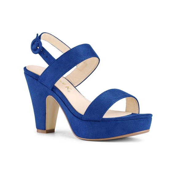 BLISSFUL STEP Women's Platform Heels Chunky Heel Slingback Open Toe Sandals Deep Blue 9
