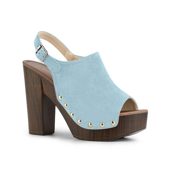 BLISSFUL STEP Women's Shoes Chunky Heel Buckle Slingback Chunky Platform Sandals Sky Blue 8.5