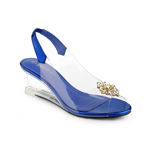 BLISSFUL STEP Women's Shoes Clear Wedge Heels Rhinestone Peep Toe Slingback Transparent Shoes Blue 7