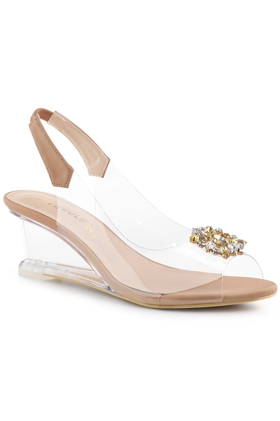 Women's Shoes Clear Wedge Heels Rhinestone Peep Toe Slingback Transparent Shoes Nude 7