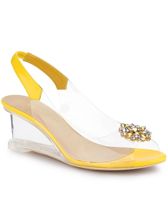 Women's Shoes Clear Wedge Heels Rhinestone Peep Toe Slingback Transparent Shoes Yellow 6
