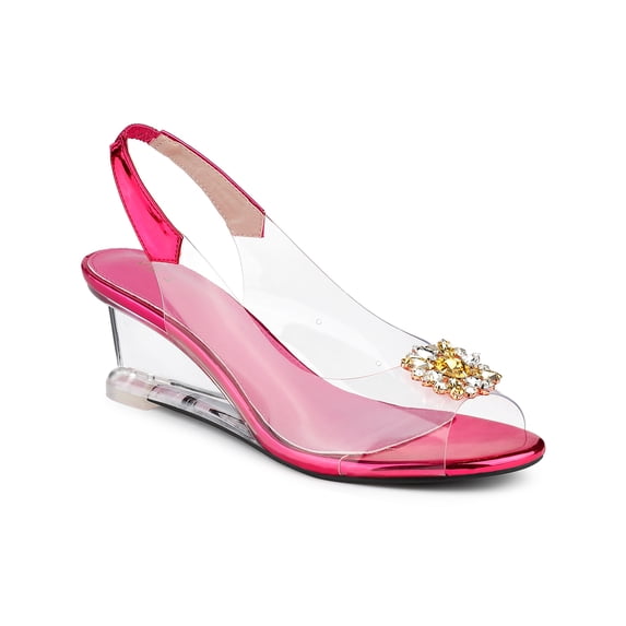 BLISSFUL STEP Women's Shoes Clear Wedge Heels Rhinestone Peep Toe Slingback Transparent Shoes Hot Pink 6