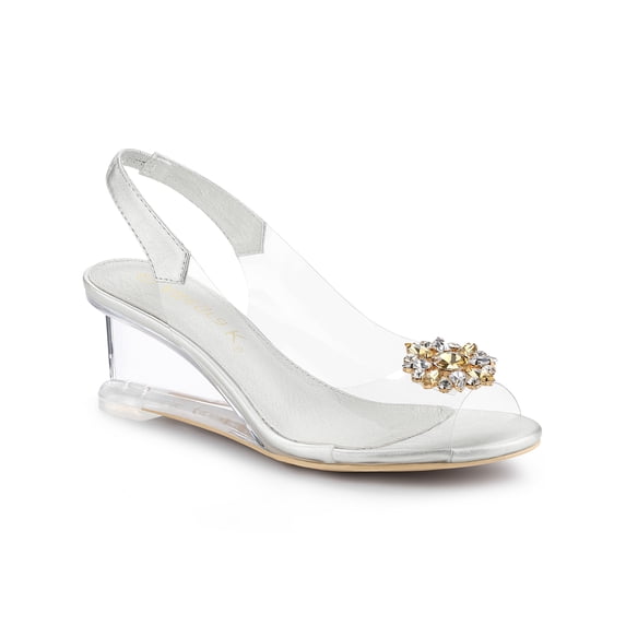 BLISSFUL STEP Women's Shoes Clear Wedge Heels Rhinestone Peep Toe Slingback Transparent Shoes Silver 9