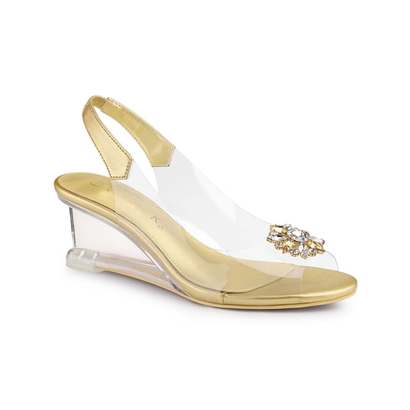 BLISSFUL STEP Women's Shoes Clear Wedge Heels Rhinestone Peep Toe Slingback Transparent Shoes Gold 7