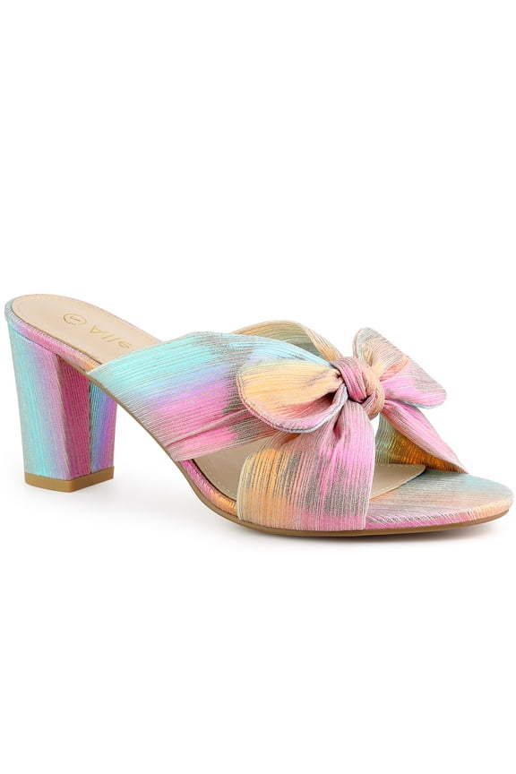 Valentine's Women's Shoes Bow Chunky Heel Slip on Slide Sandals Colorful Silver 5.5