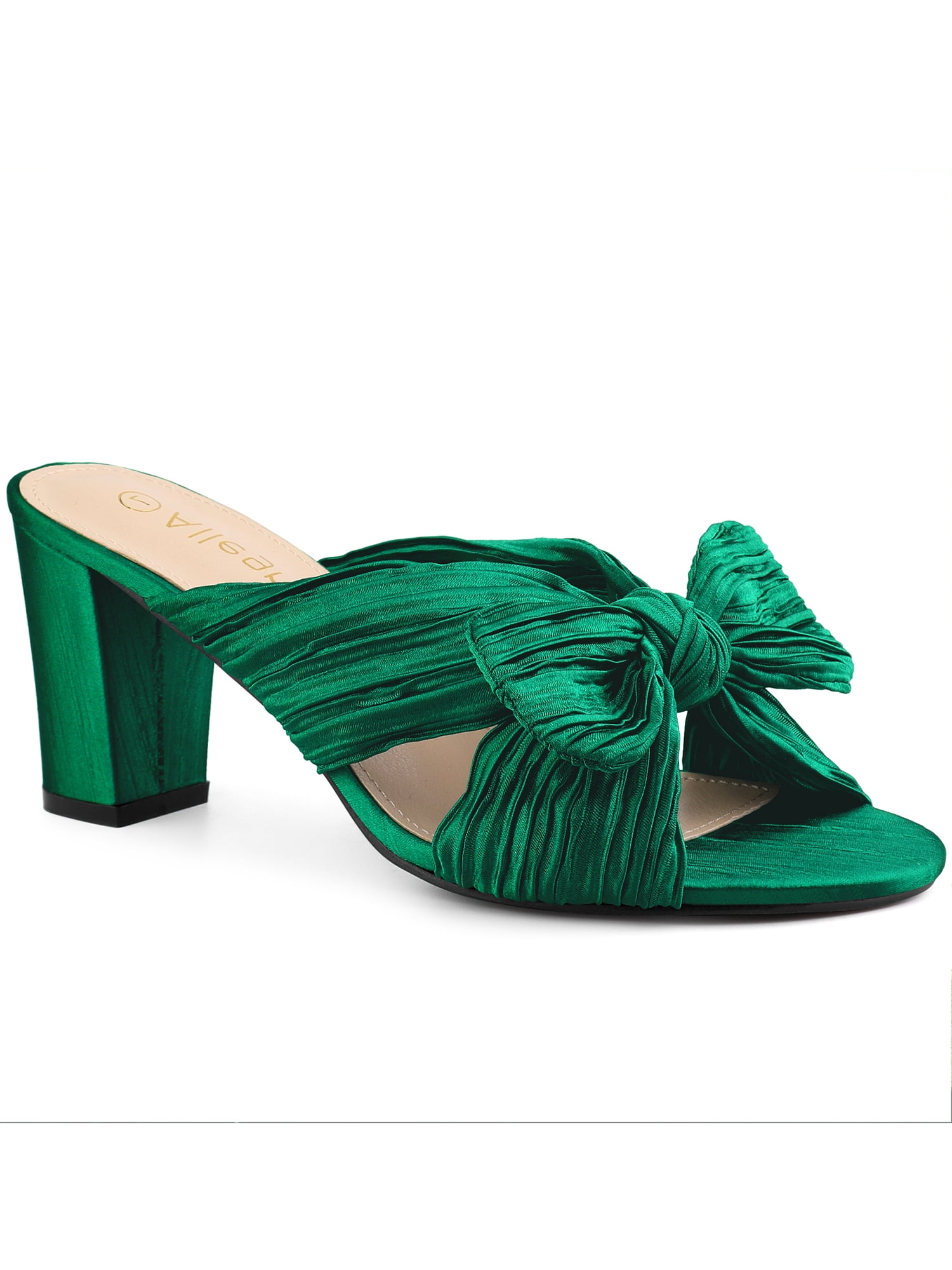 Boutique Bow Splicing Chunky Green Faux Leather Slide Sandals