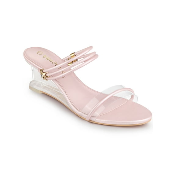 BLISSFUL STEP Women's Slip on Clear Glass Heel Wedge Sandals Pink 7