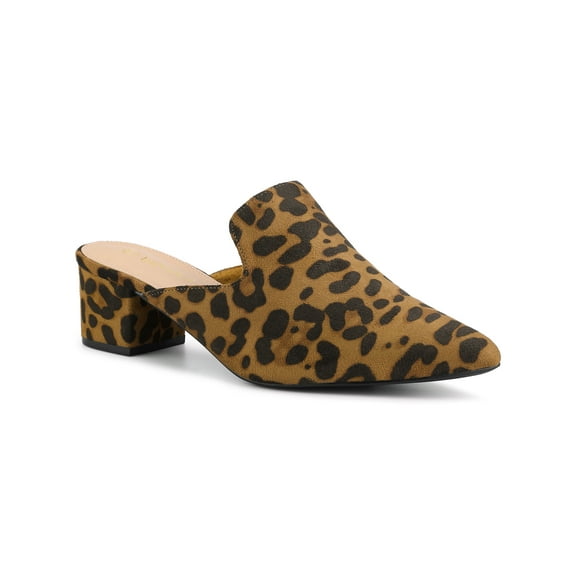 BLISSFUL STEP Women's Slide Mules Pointed Toe Chunky Heel Leopard 11