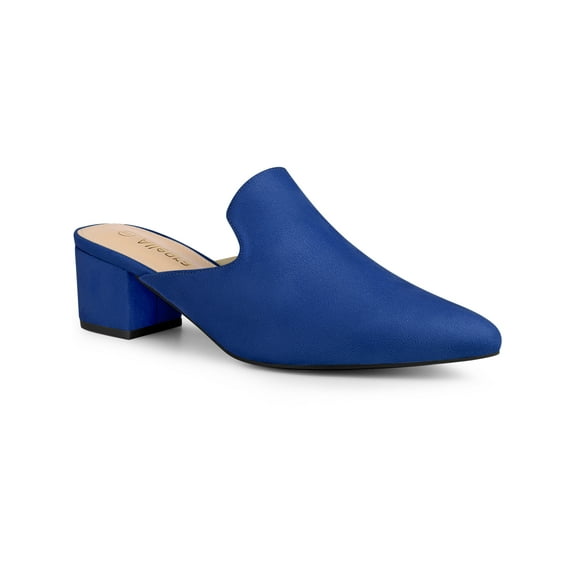 BLISSFUL STEP Women's Slide Mules Pointed Toe Chunky Heel Royal Blue 8