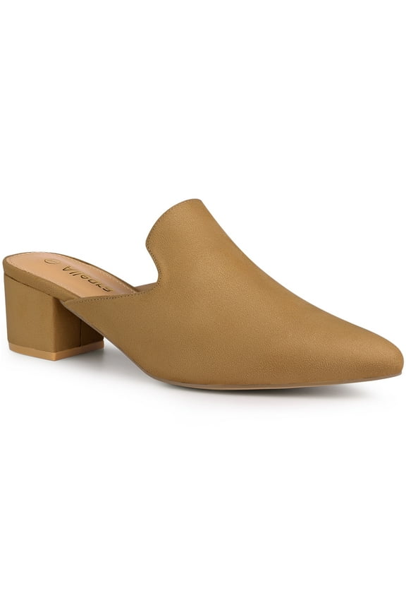 Women's Slide Mules Pointed Toe Chunky Heel Brown 10