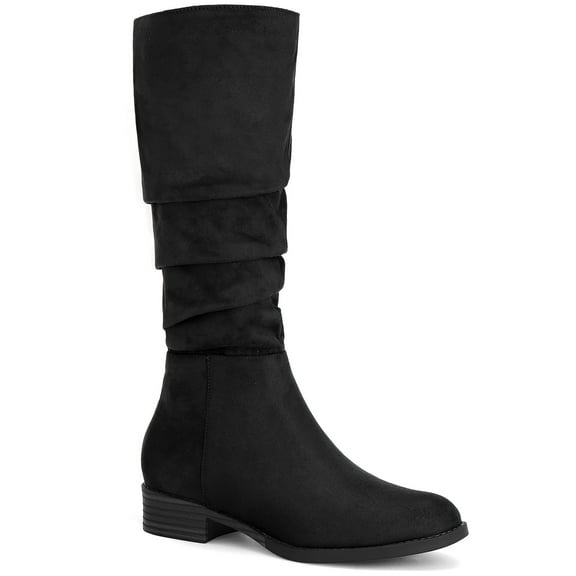 BLISSFUL STEP Women's Slouch Knee High Boots Round Toe Low Block Heel Faux Suede Boots Black 7