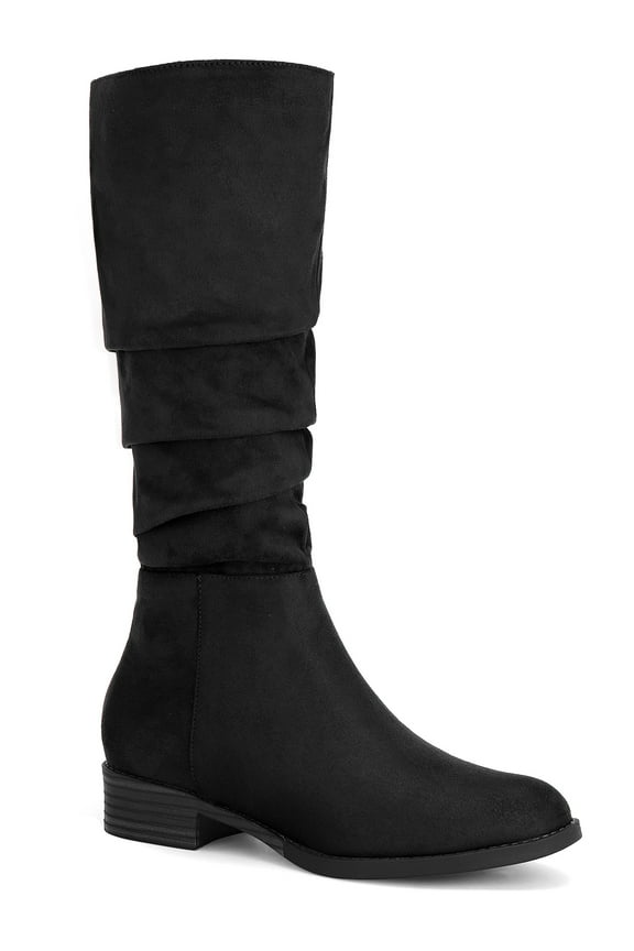 Women's Slouch Knee High Boots Round Toe Low Block Heel Faux Suede Boots Black 7