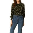 thumbnail image 1 of INSPIRE CHIC Women's Smocked Cuffs Keyhole Back Ruffled Crew Neck Floral Blouse Black S, 1 of 6
