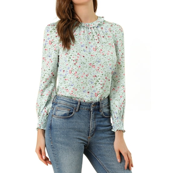 Allegra K Women's Smocked Cuffs Keyhole Back Ruffled Crew Neck Floral Blouse