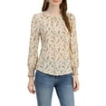 thumbnail image 1 of Allegra K Women's Smocked Cuffs Keyhole Back Ruffled Crew Neck Floral Blouse, 1 of 6