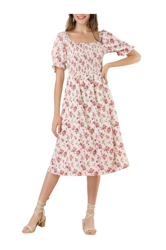 Easter Outfit Women's Dress Smocked Floral Square Neck Puff Short Sleeves Spring Summer Midi Dresses Beige M