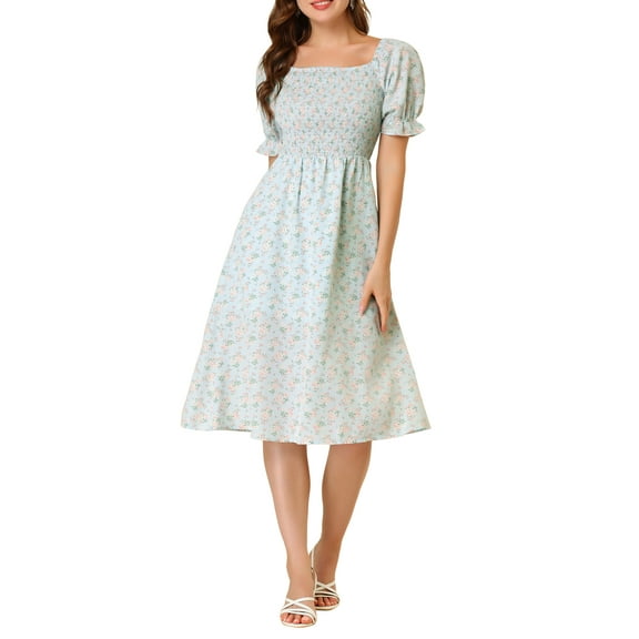 INSPIRE CHIC Women's Summer Dress Smocked Floral Square Neck Puff Short Sleeves Midi Dresses S Blue
