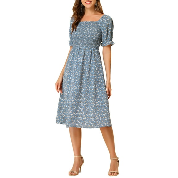 INSPIRE CHIC Women's Summer Dress Smocked Floral Square Neck Puff Short Sleeves Midi Dresses S Dusty Blue