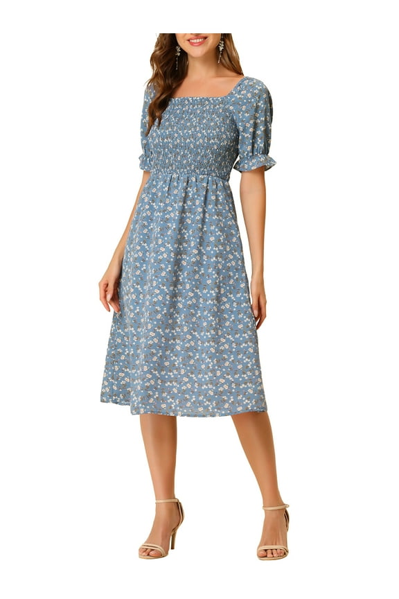 Women's Summer Dress Smocked Floral Square Neck Puff Short Sleeves Midi Dresses S Dusty Blue