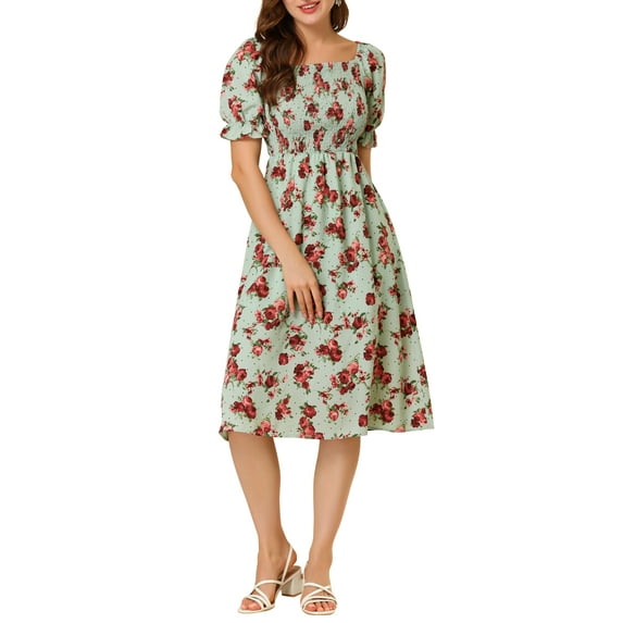 INSPIRE CHIC Women's Summer Dress Smocked Floral Square Neck Puff Short Sleeves Midi Dresses XL Green