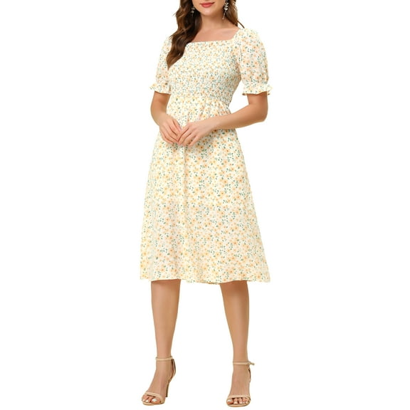 INSPIRE CHIC Women's Summer Dress Smocked Floral Square Neck Puff Short Sleeves Midi Dresses XL Orange