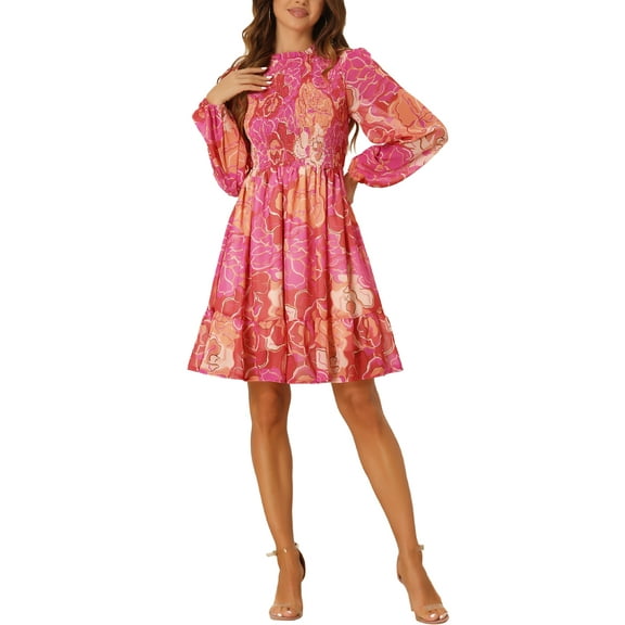 INSPIRE CHIC Women's Smocked Ruffle Neck Long Sleeve Floral Chiffon Dress