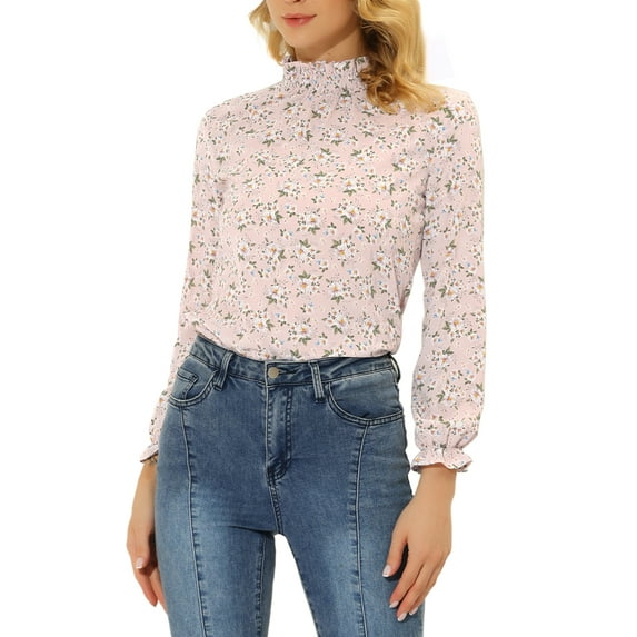 Allegra K Women's Smocked Ruffled Neck Long Sleeve Floral Blouse
