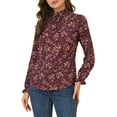 thumbnail image 1 of INSPIRE CHIC Women's Smocked Ruffled Neck Long Sleeve Floral Blouse XS Burgundy, 1 of 8