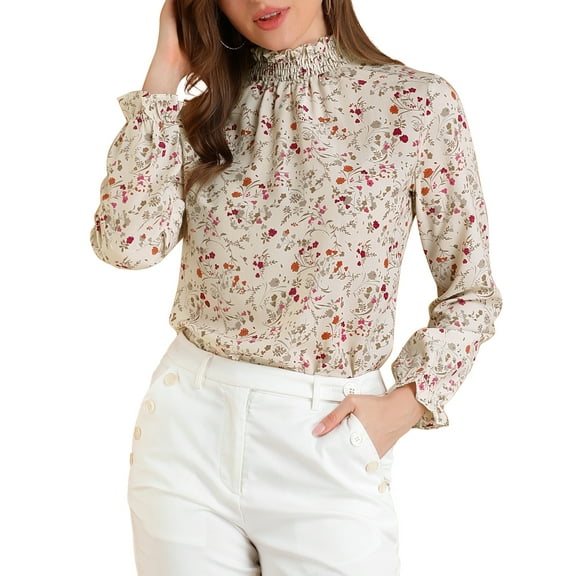 INSPIRE CHIC Women's Smocked Ruffled Neck Long Sleeve Floral Blouse XL White