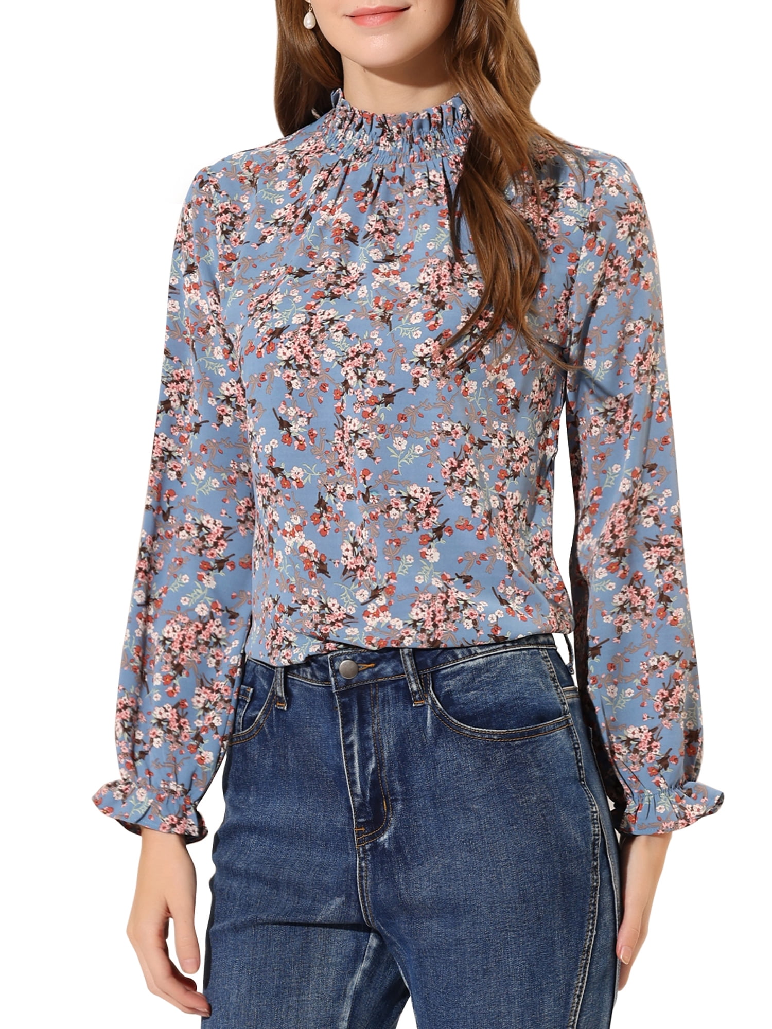Floral Smocked Cuff Long Sleeve Blouse
