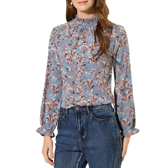 INSPIRE CHIC Women's Smocked Ruffled Neck Long Sleeve Floral Blouse S Blue Gray