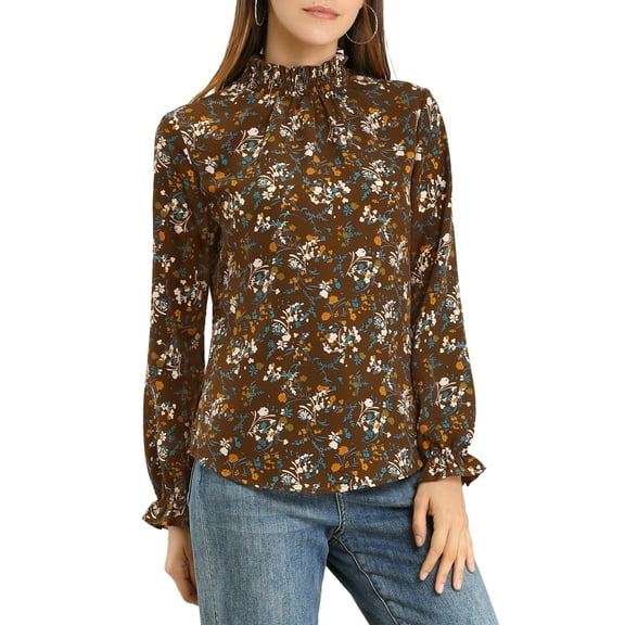 INSPIRE CHIC Women's Smocked Ruffled Neck Long Sleeve Floral Blouse S Brown