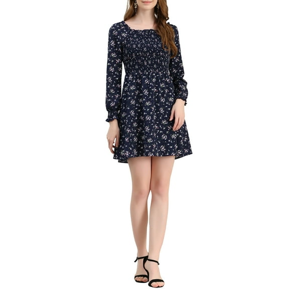 INSPIRE CHIC Women's Smocked Square Neck Long Sleeve Floral Dress S Dark Blue