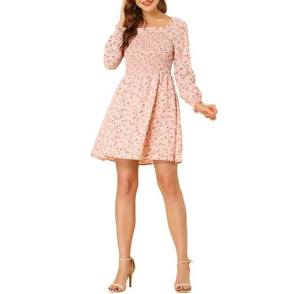 INSPIRE CHIC Women's Smocked Square Neck Long Sleeve Floral Dress S Pink