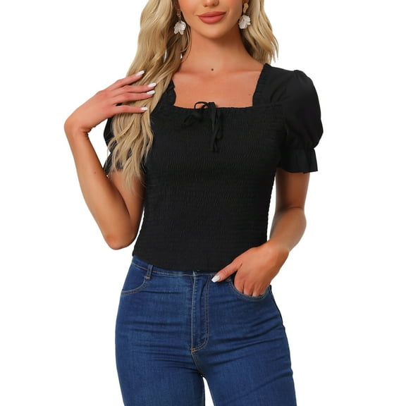INSPIRE CHIC Women's Smocked Square Neck Short Ruffle Sleeve Casual Summer Tops
